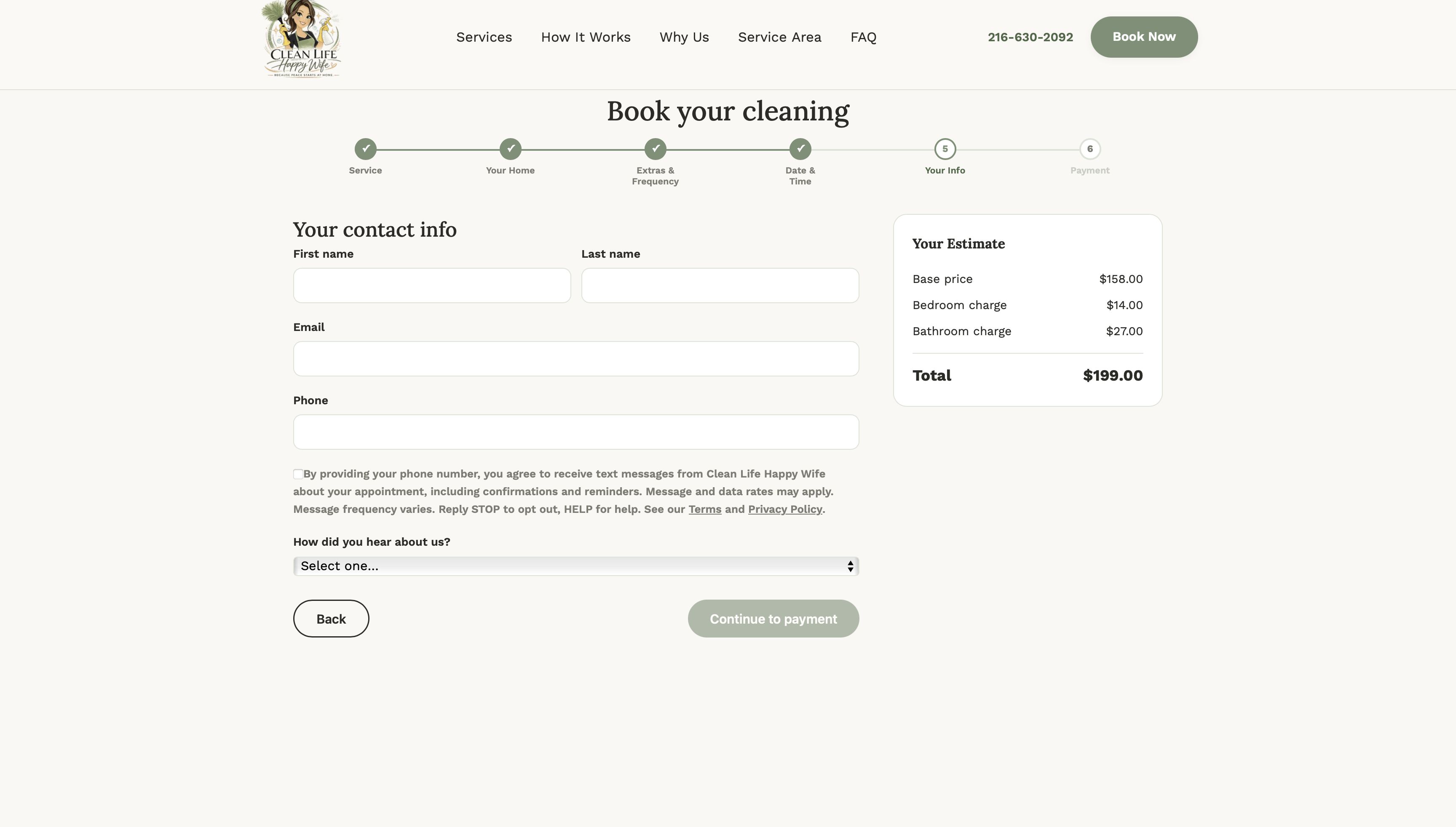 The Your Info step of the online booking form at bookclhw.com, with empty first name, last name, email, and phone fields, showing the unchecked SMS consent checkbox and its full wording directly beneath the phone field.